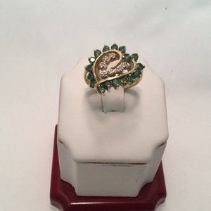 14K Yellow Real Solid Gold Heart Emerald Diamond Lady Ring Band Size 6     5.60g
